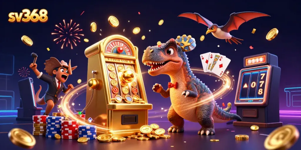 Experience the excitement of sv368 as a cartoon dinosaur triggers a jackpot, surrounded by flying coins and casino elements.