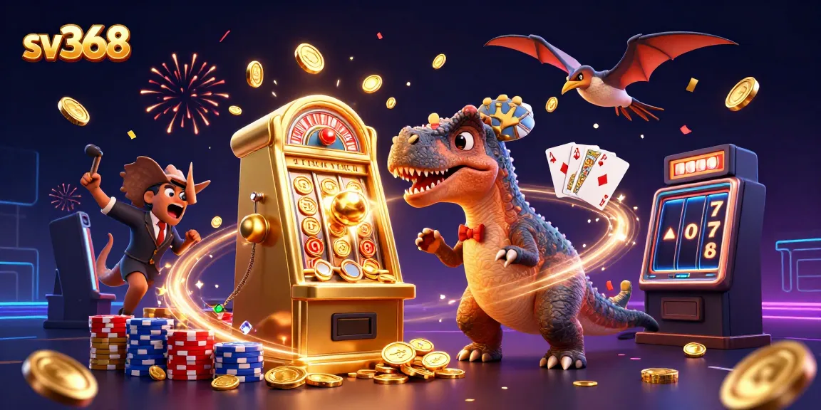 Experience the excitement of sv368 as a cartoon dinosaur triggers a jackpot, surrounded by flying coins and casino elements.