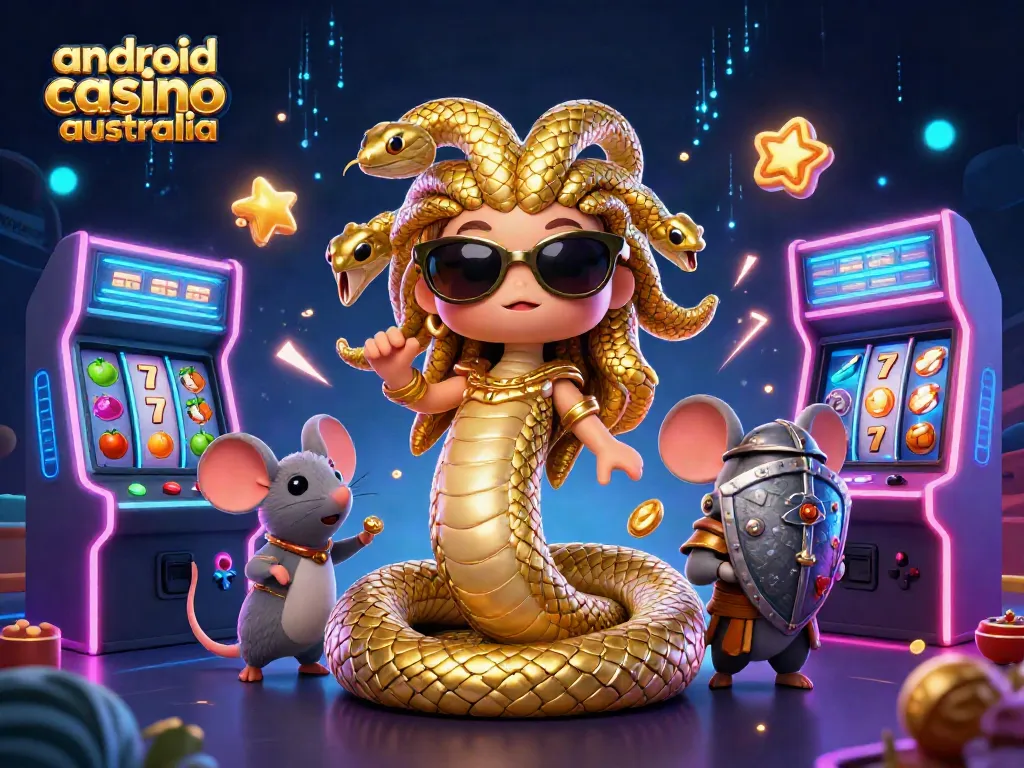 Engage in thrilling Android casino games with vibrant characters and colorful slot elements in a captivating scene.