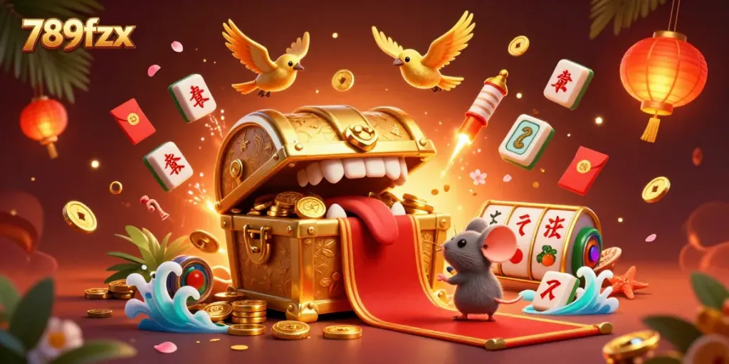 Engage in the adventure of 789fzx as mice are lured by a golden treasure chest in a vibrant casino scene.