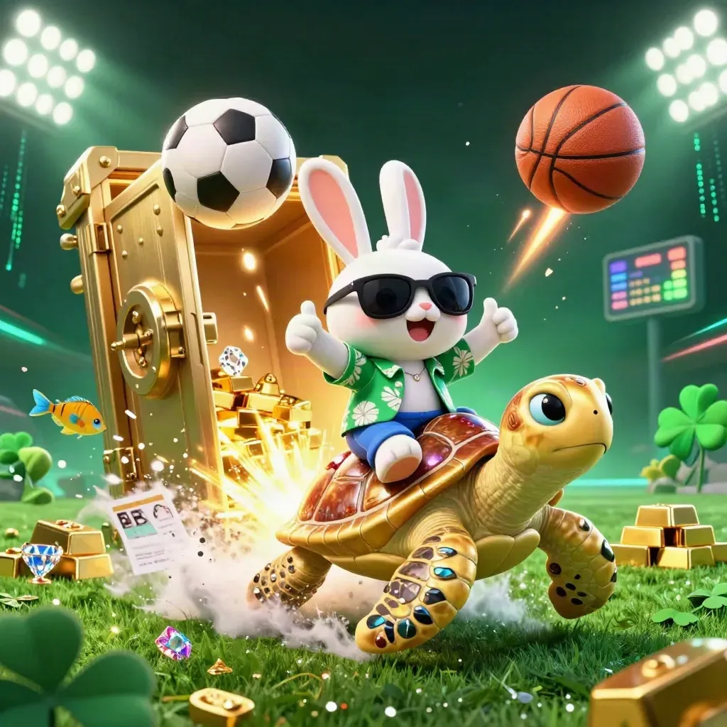 Lucky rabbit rides a jeweled sea turtle as soccer and basketball burst through gold and neon.
