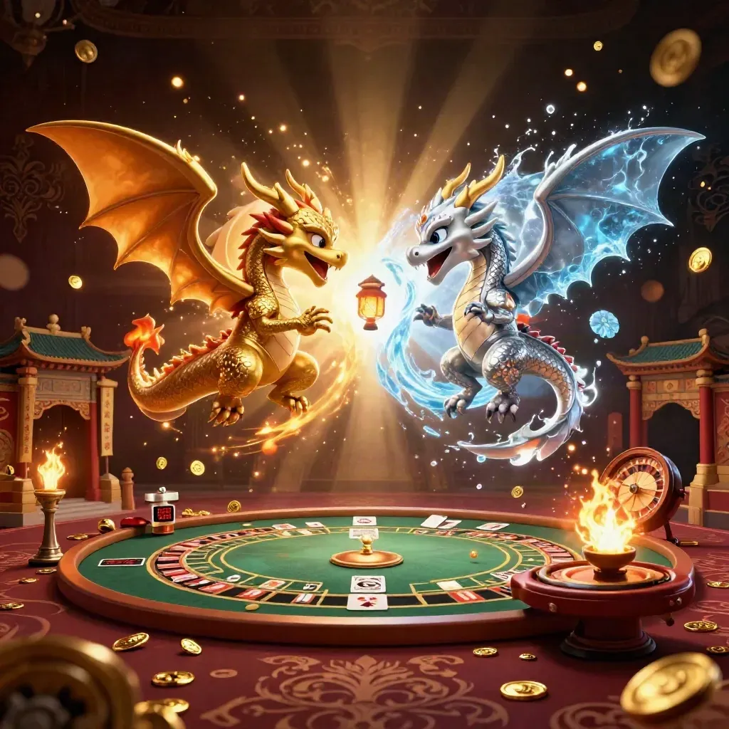 Twin gold and silver dragons clash in a neon-gold casino fantasy with temple, table and roulette wheel.