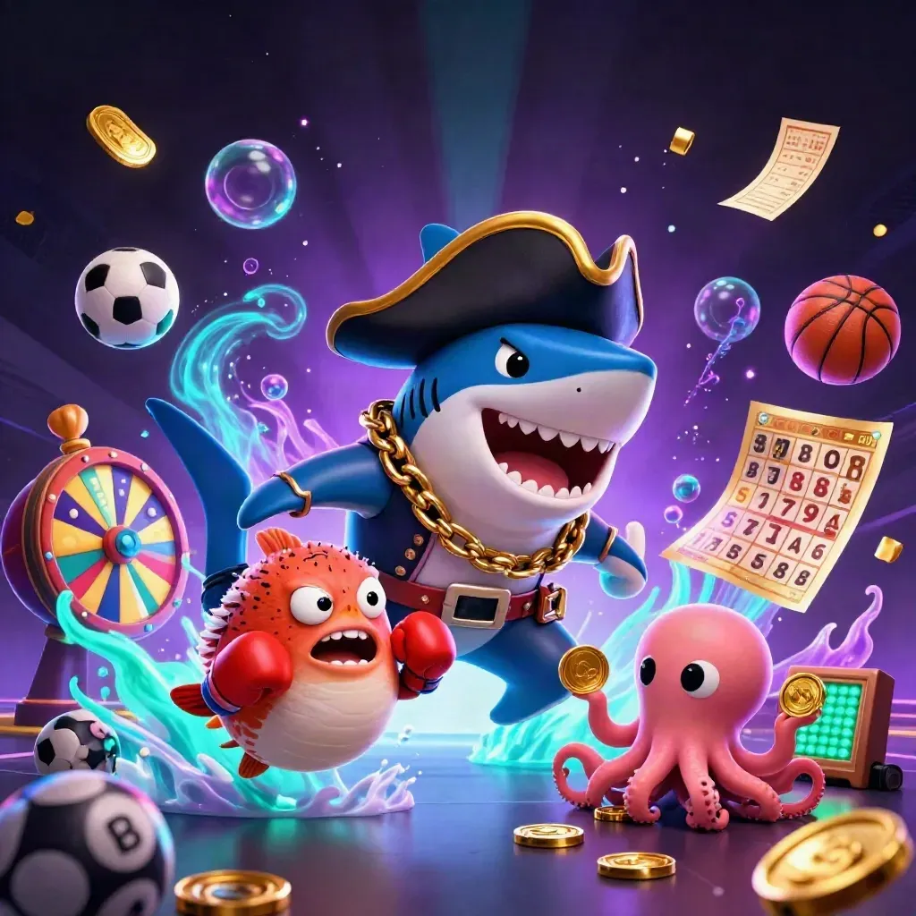 Pirate shark, pufferfish, and octopus explode amid casino balls, coins, and glowing purple-blue underwater light.