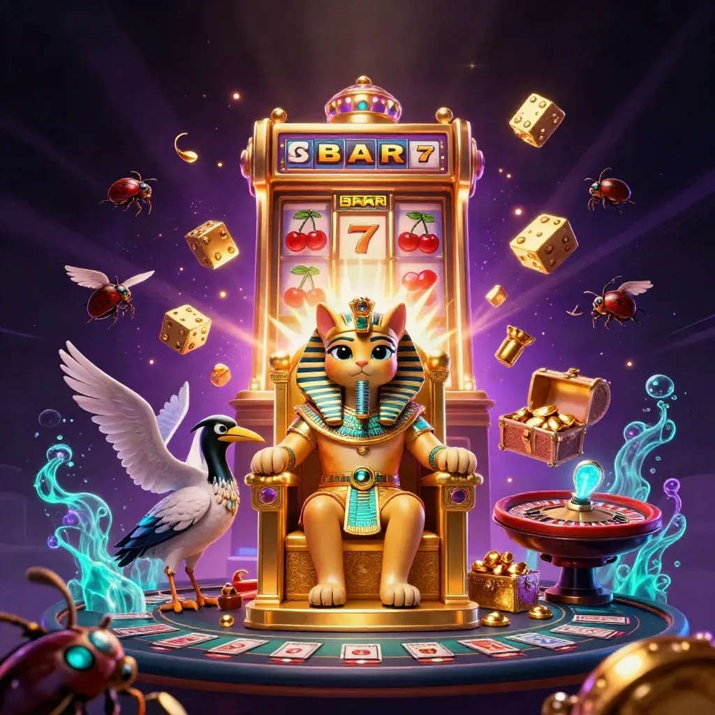 Pharaoh cat on golden throne with ibis scribe, scarabs, slot burst, treasure, and neon casino glow.