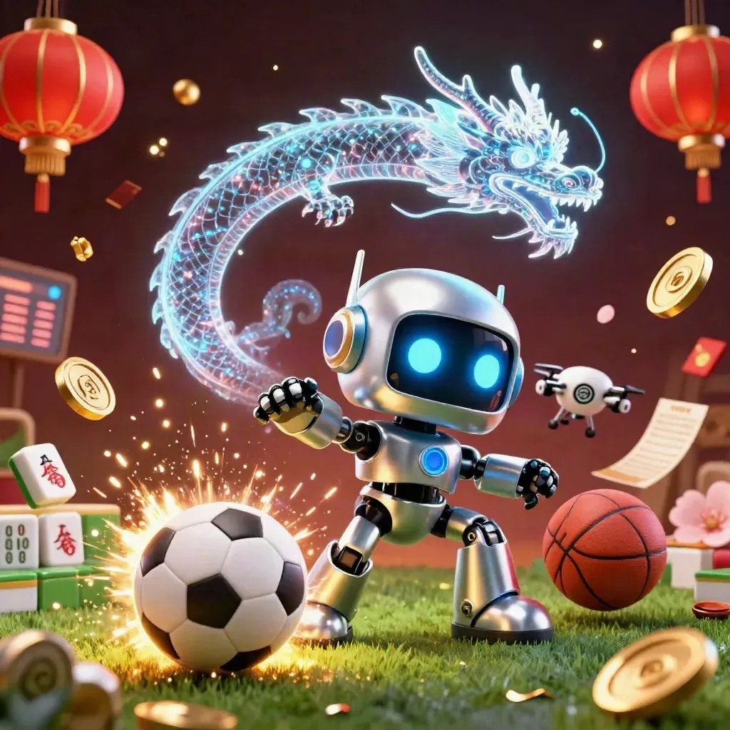 Cyberpunk robot, holographic dragon and coin drone amid casino sports bursts on a dark gold-lit field