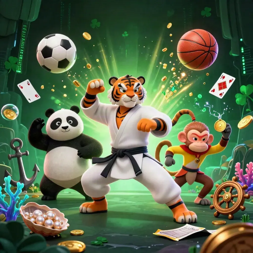 Tiger, panda, and monkey clash amid sports balls, coins, coral, and neon casino treasure.