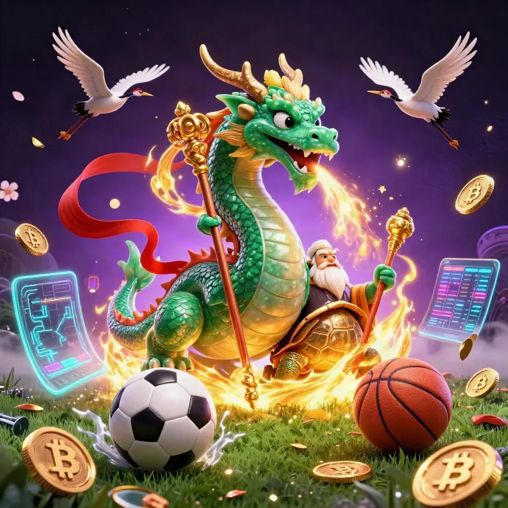 Emerald dragon, turtle sage, cranes, coins, balls, and magic in a neon casino storm.