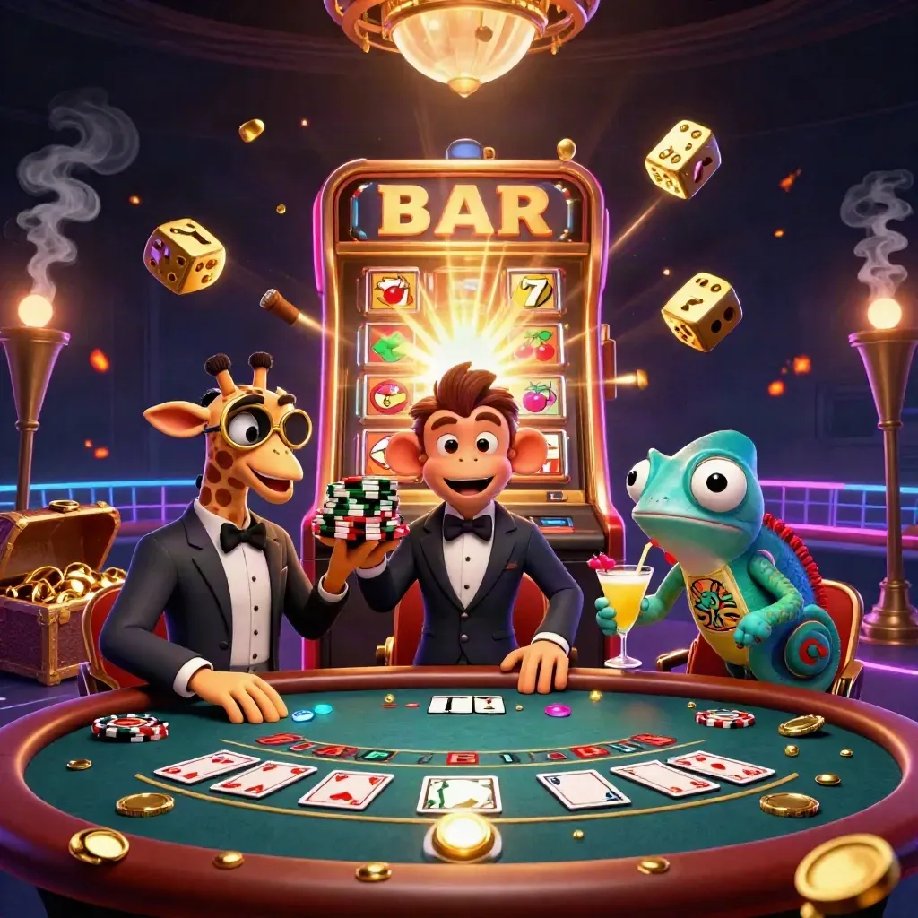 3D giraffe, monkey valet, and chameleon bartender in a neon casino room amid jackpot bursts.