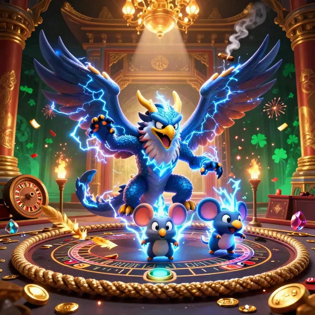 Thunder dragon, wind hawk, and static mouse in a luxe casino temple scene.