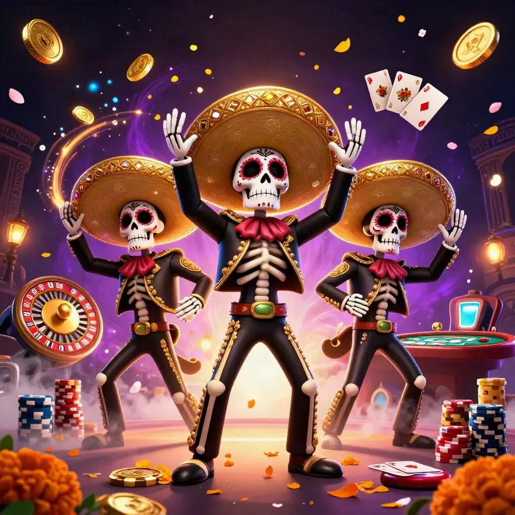 Skeleton mariachi trio in a luxe casino room with spinning wheel, coins, gems, and golden light