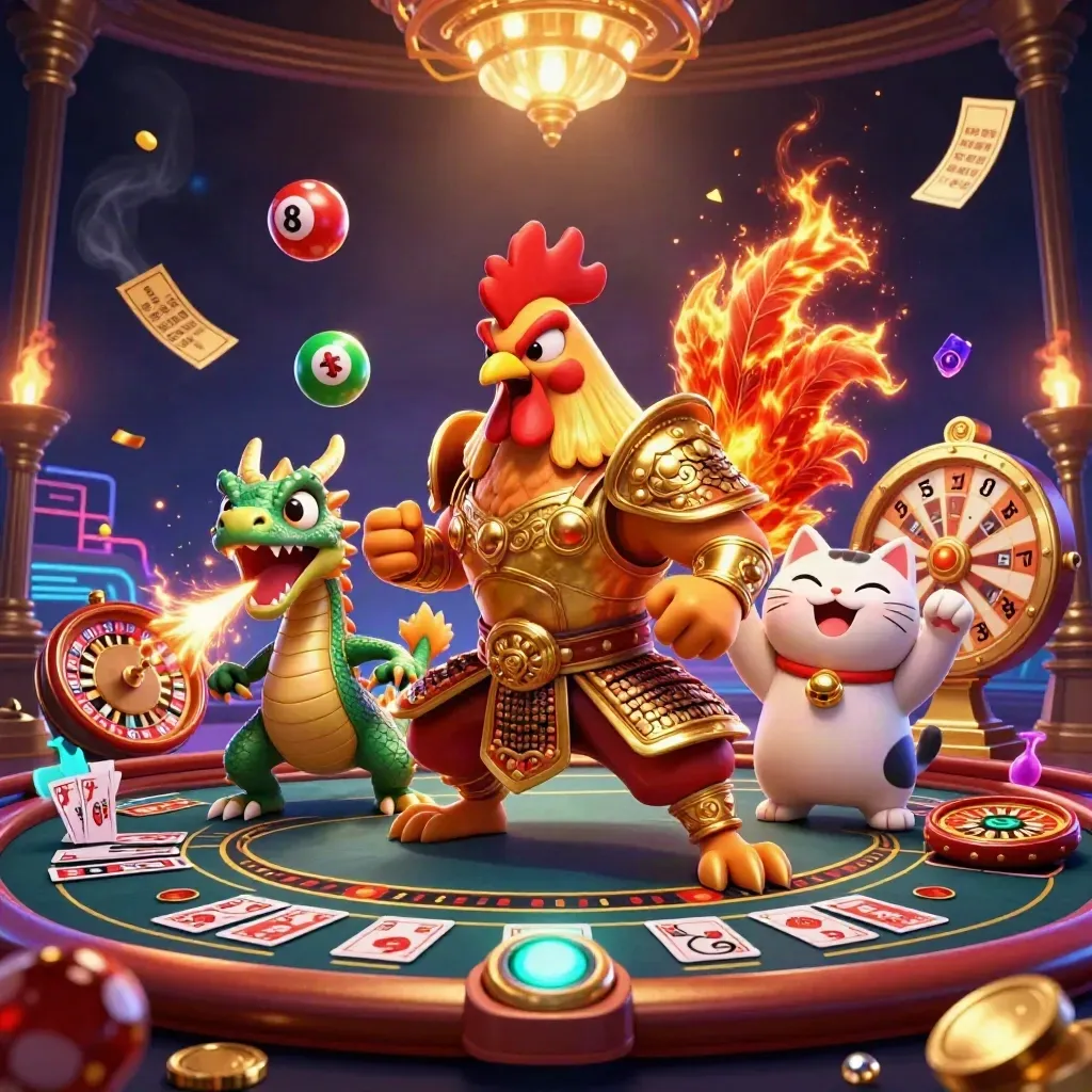 Rooster warrior, dragon hatchling, and fortune-cat in a neon casino scene with spinning gaming elements