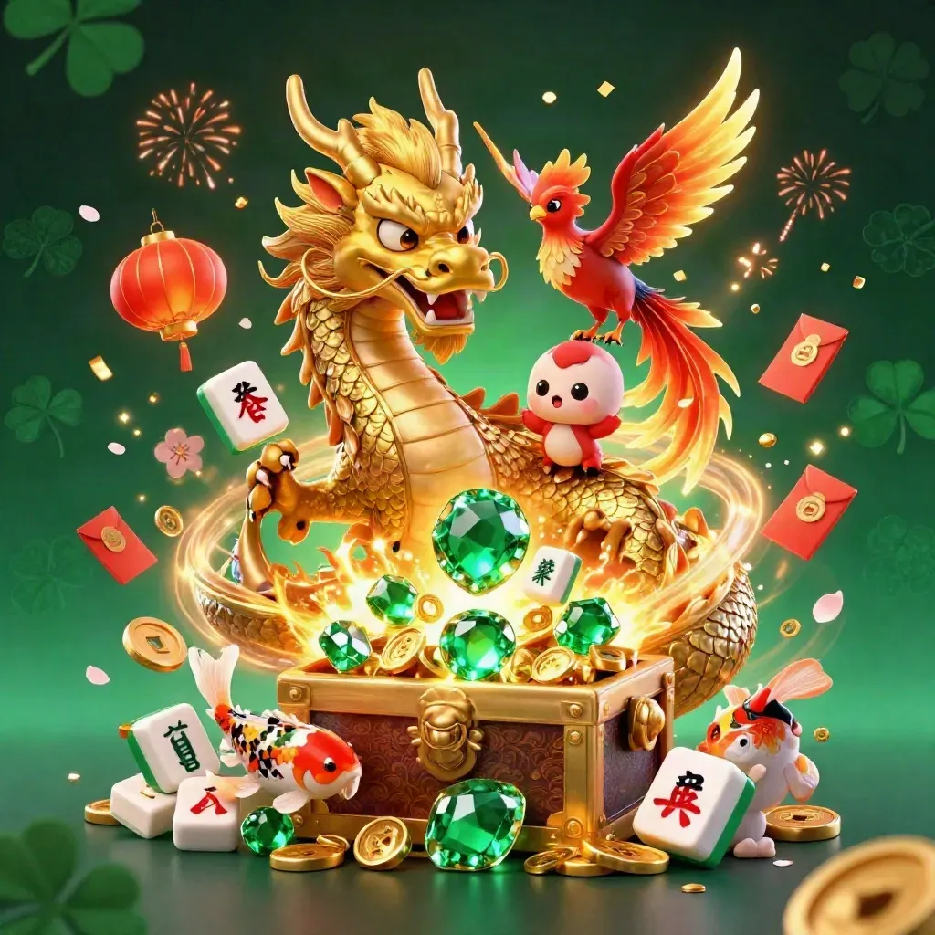 Golden dragon, phoenix, and koi erupting from treasure in premium casino key art.