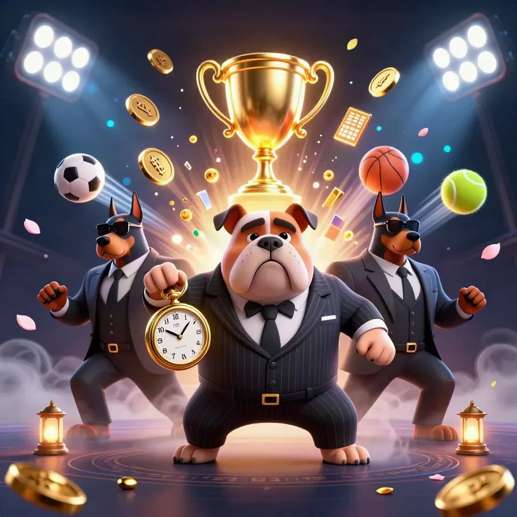 Boss bulldog and two Dobermans burst amid gold coins, trophy and neon casino-sport energy.