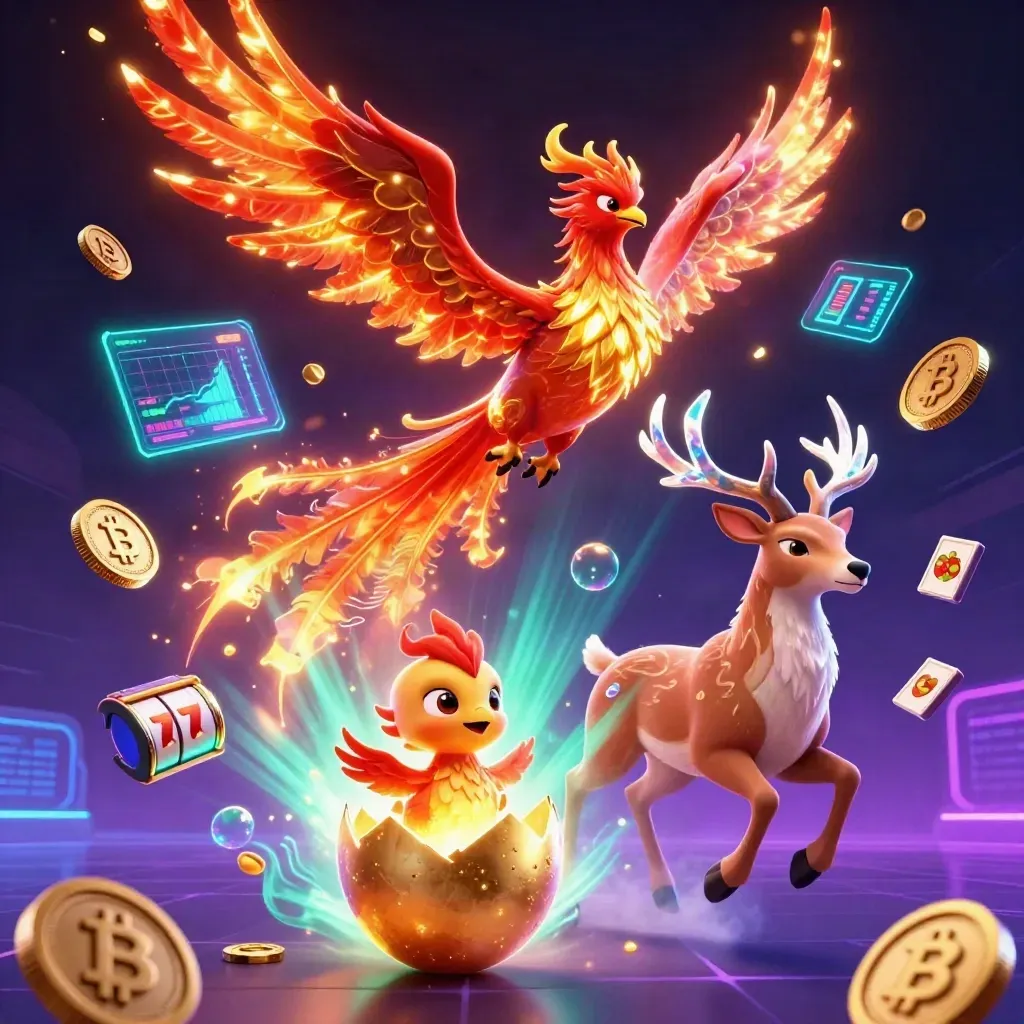 Phoenix, baby phoenix, and crystal stag burst amid casino coins, neon effects, and gold light.