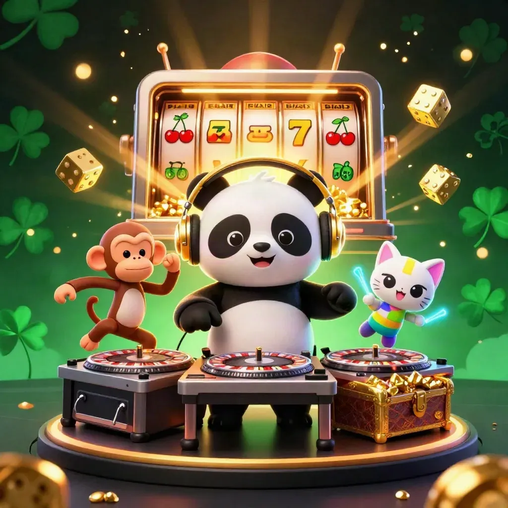 DJ panda, breakdancing monkey, and glow-stick kitten amid exploding gold, slots, and jackpot rays