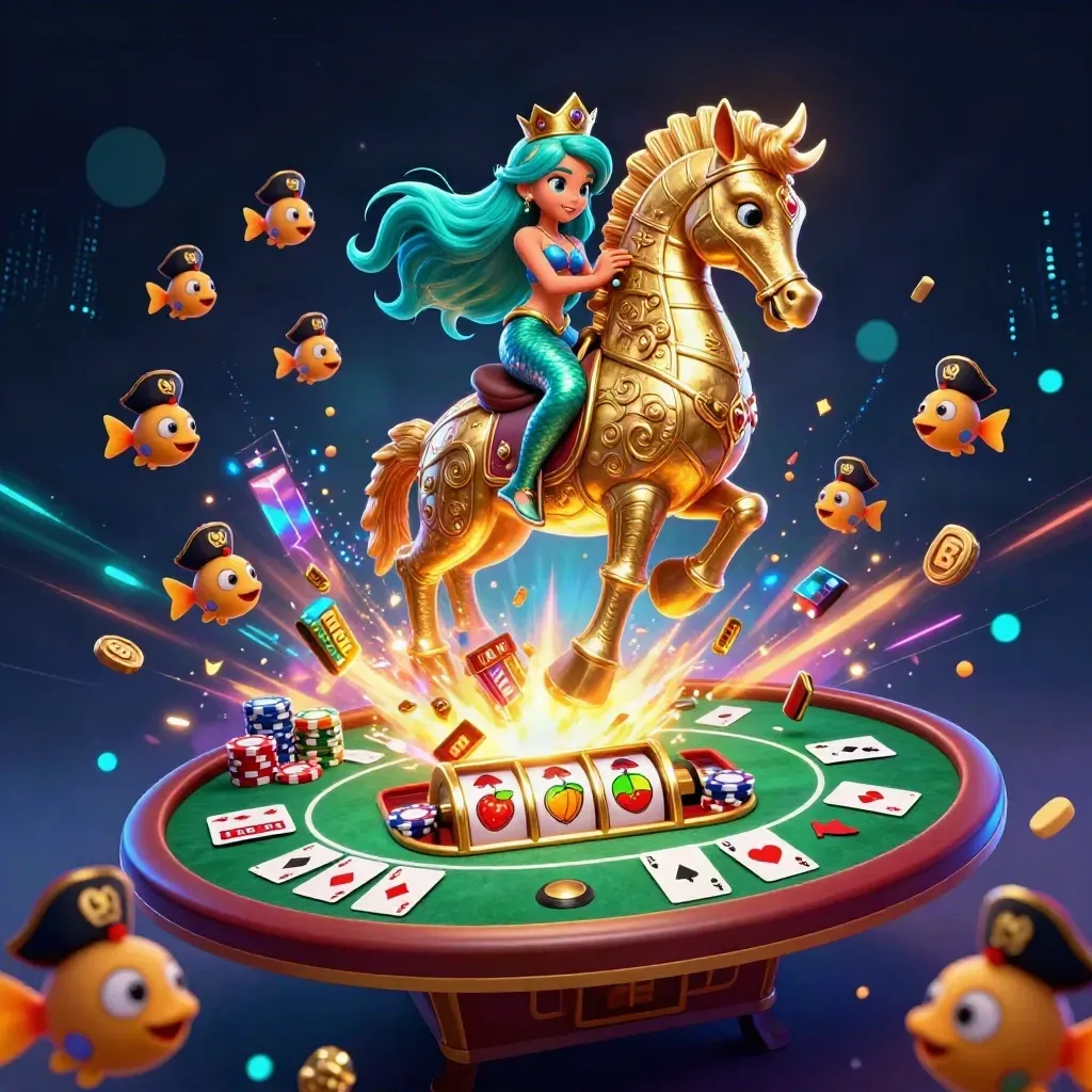 Mermaid princess on armored seahorse amid chips, cards, and neon casino magic.