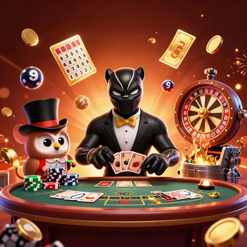 Panther, owl, and mouse amid coins, wheels, fireworks, and glowing casino loot in a dark luxe burst.