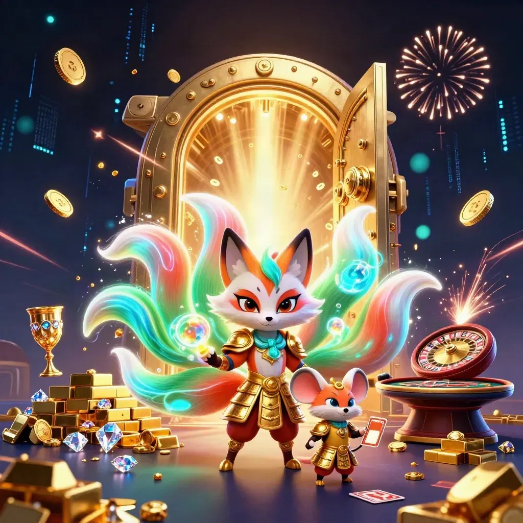 Neon fox spirit and samurai mouse amid a bursting vault, coins, gems, and casino lights.