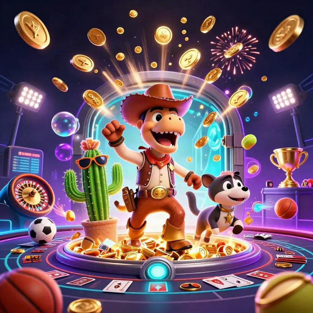 Cowboy T-Rex, cactus sidekick, and roadrunner amid coins, sports gear, vault glow, and fireworks.