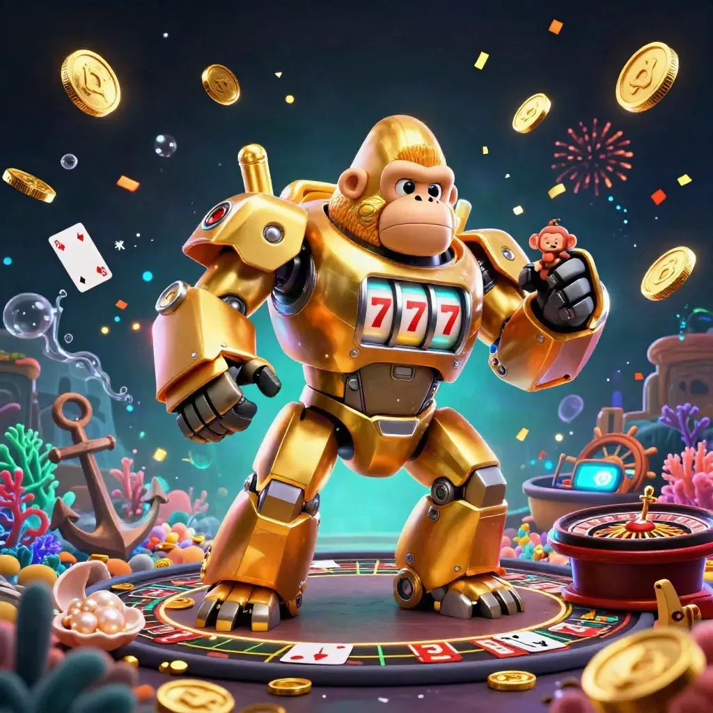 Golden gorilla mech with monkey pilot amid coins, treasure cove, fireworks, and casino elements.