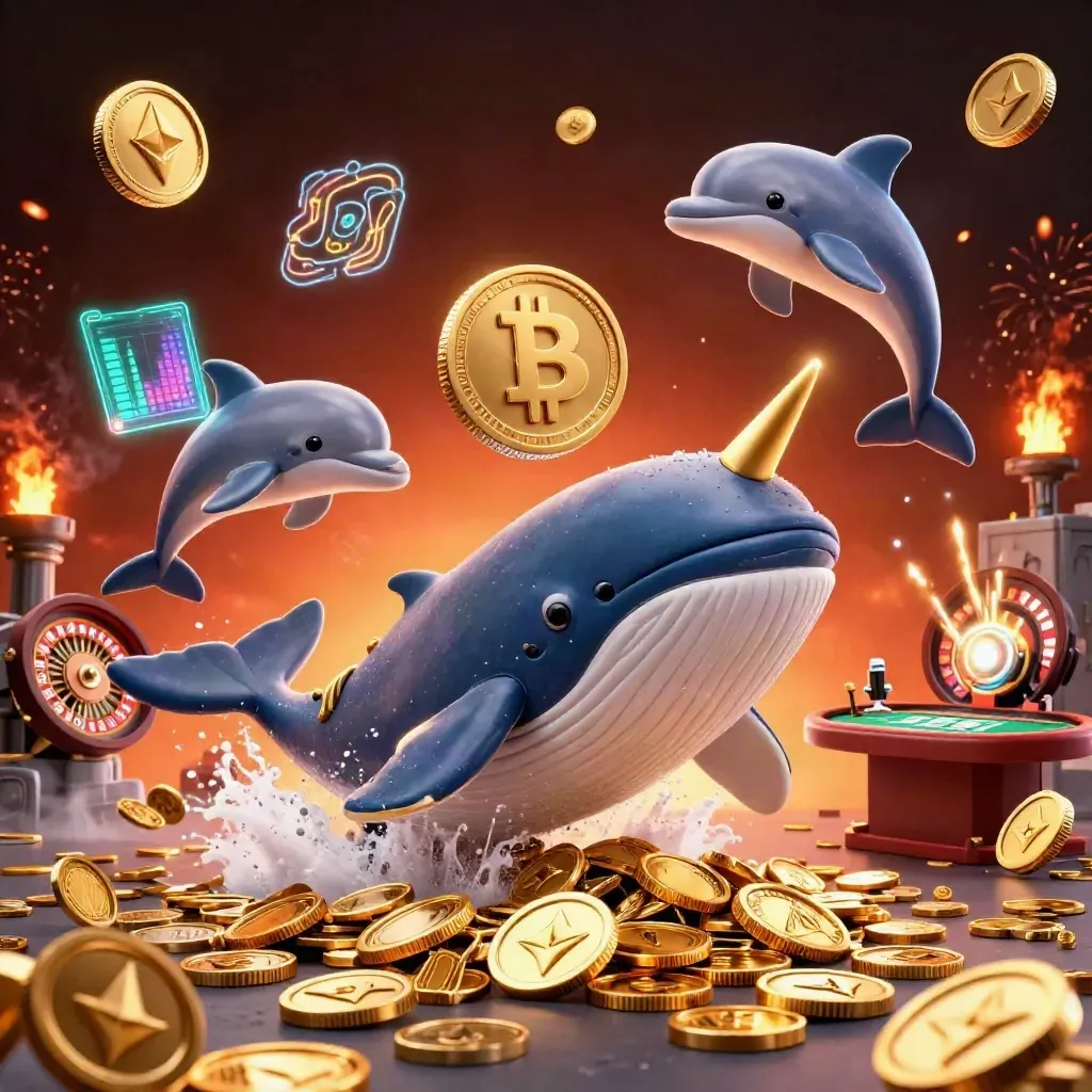 Whale captain, narwhal, and dolphins burst through casino coins with neon lights and fireworks.