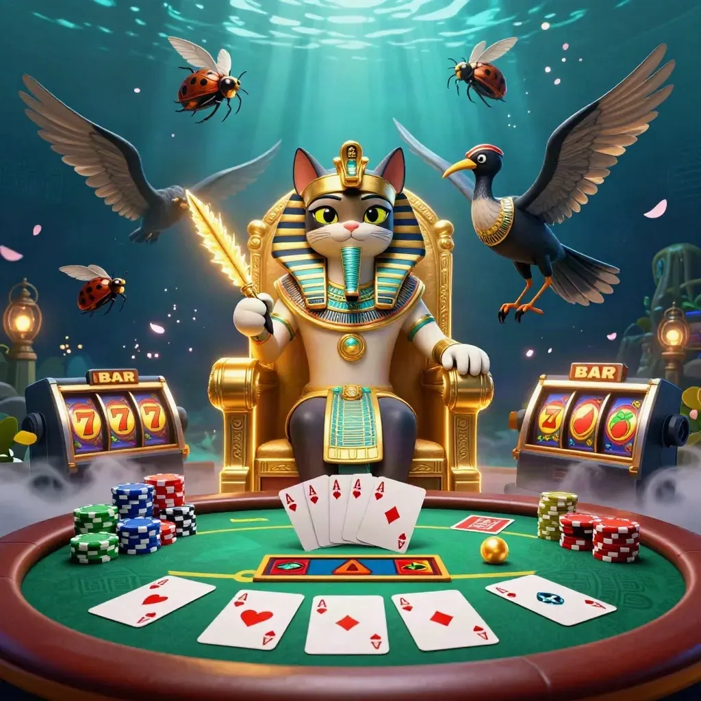 Pharaoh cat on throne with ibis scribe, scarabs, poker chips, cards, and glowing underwater casino magic.