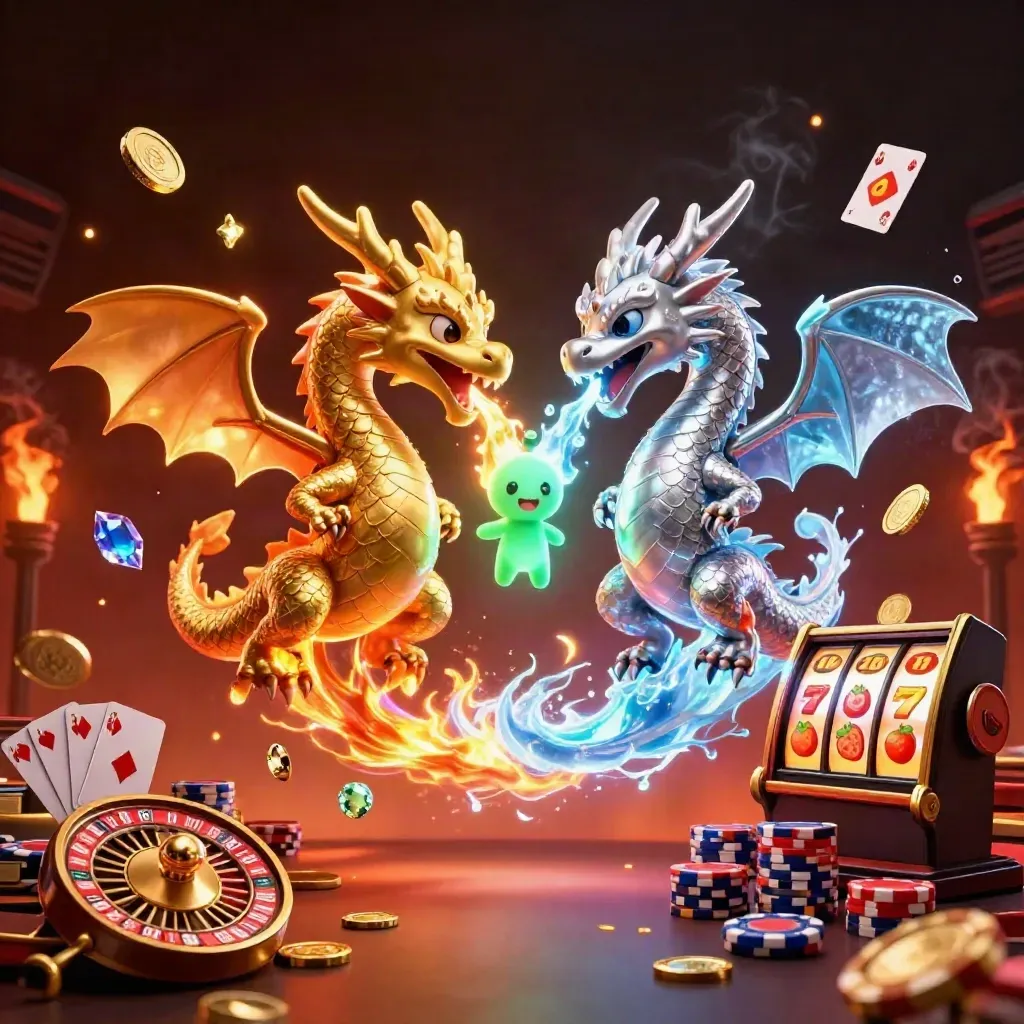 Two intertwined gold and silver dragons form a fire-and-ice yin-yang amid casino loot