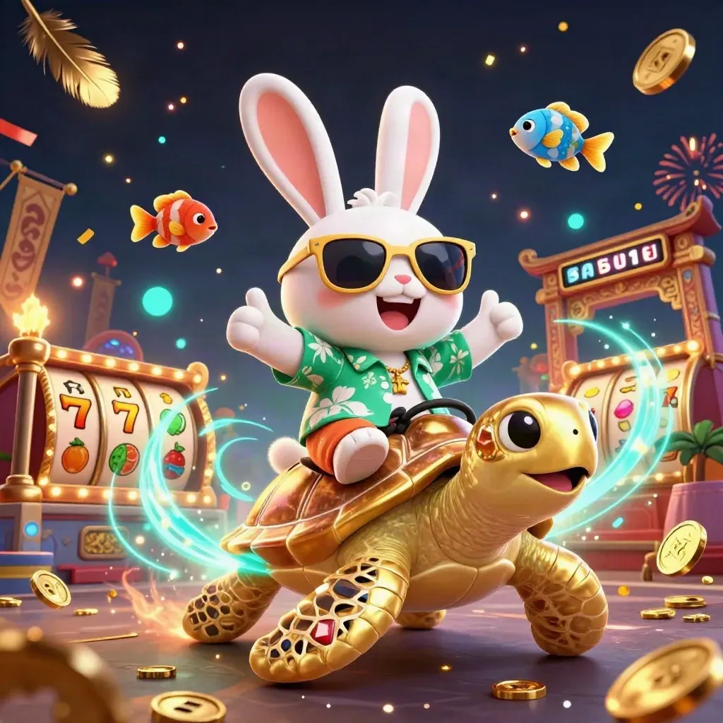 Lucky rabbit rides a golden sea turtle amid casino symbols, fireworks, and neon particles.