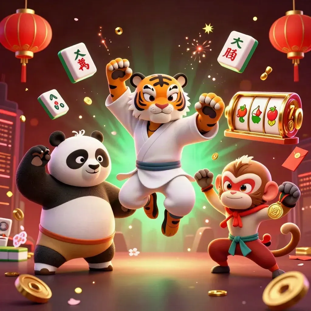 Tiger master, panda, and monkey amid casino charms and glowing reels in a dark neon splash scene.