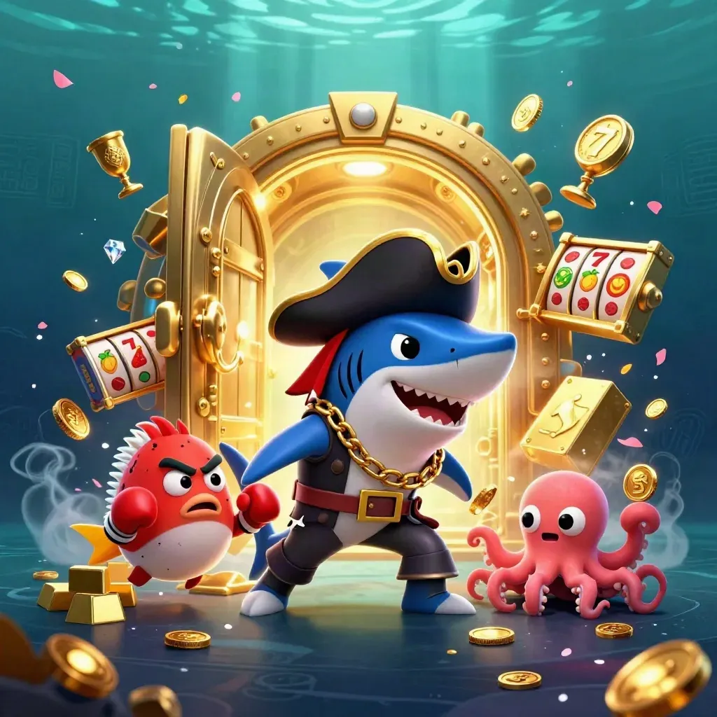 Shark pirate, red pufferfish, and baby octopus amid gold vault, coins, reels underwater