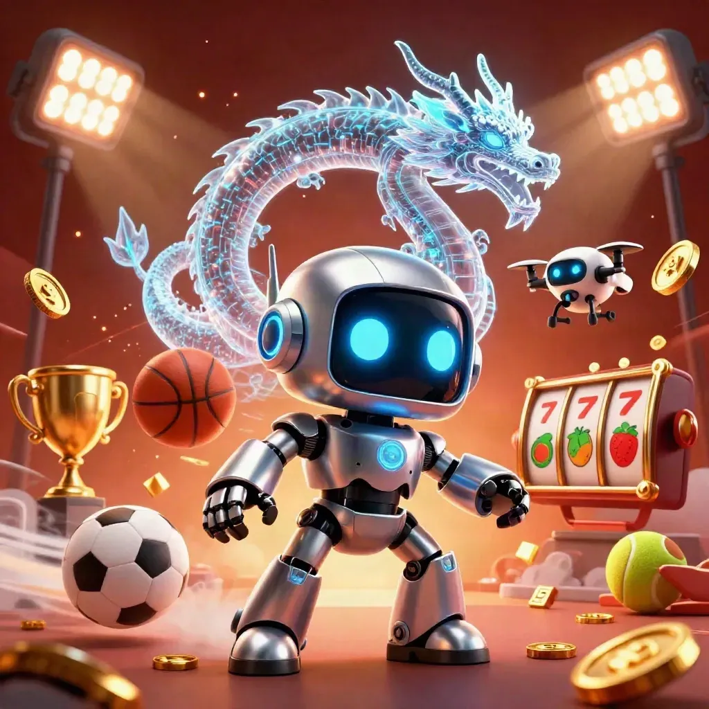 Cyberpunk robot, holographic dragon, and coin drone amid casino sports icons and gold coins