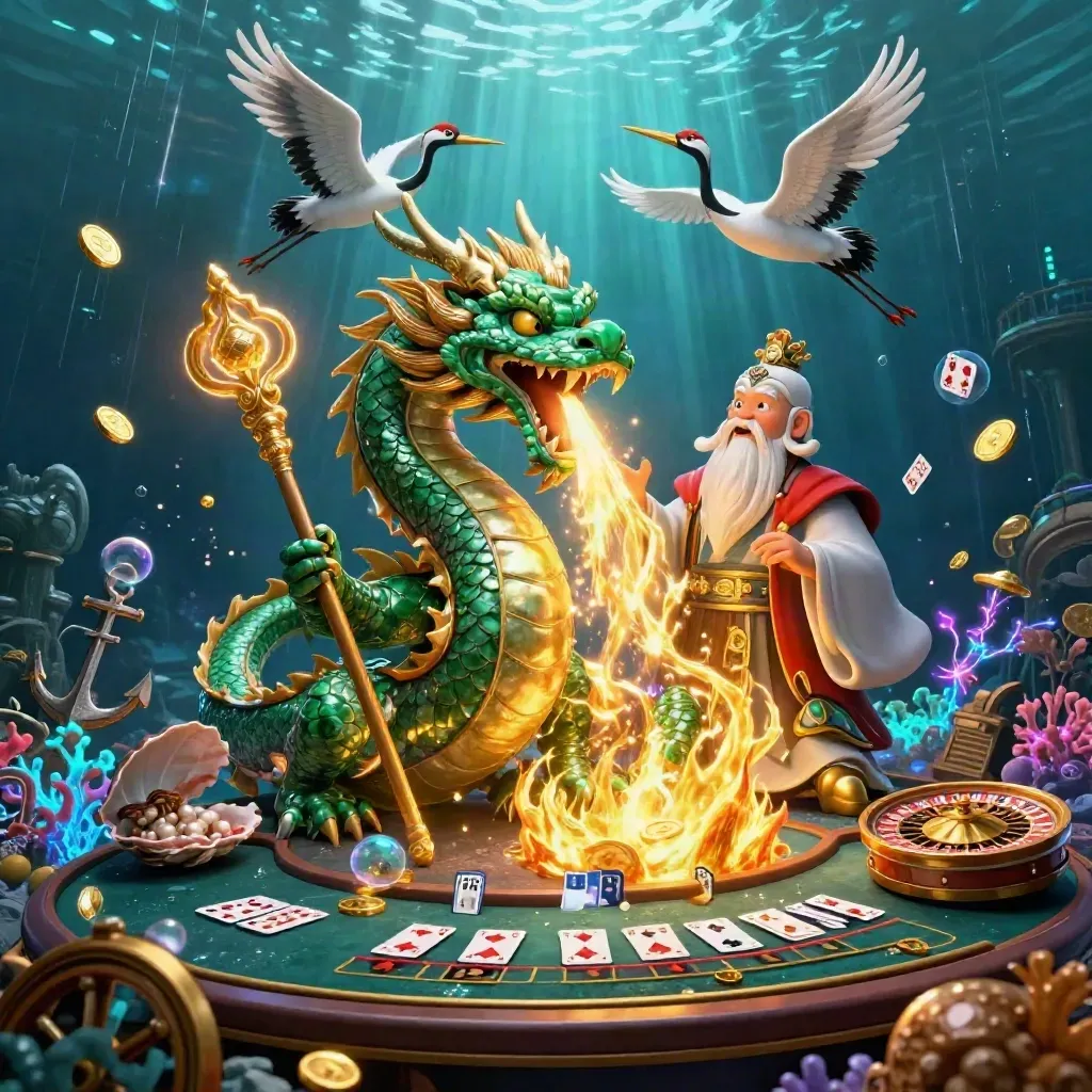 Emerald dragon, turtle sage, and cranes amid underwater casino treasures and neon effects.