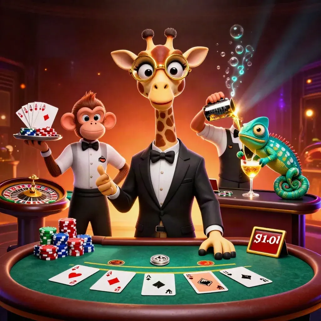 Giraffe, monkey valet, and chameleon bartender at a glowing casino poker table