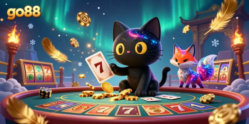 Engage with the cosmic charm of go88 in an exhilarating online casino scene with dynamic characters and vibrant gaming elements.