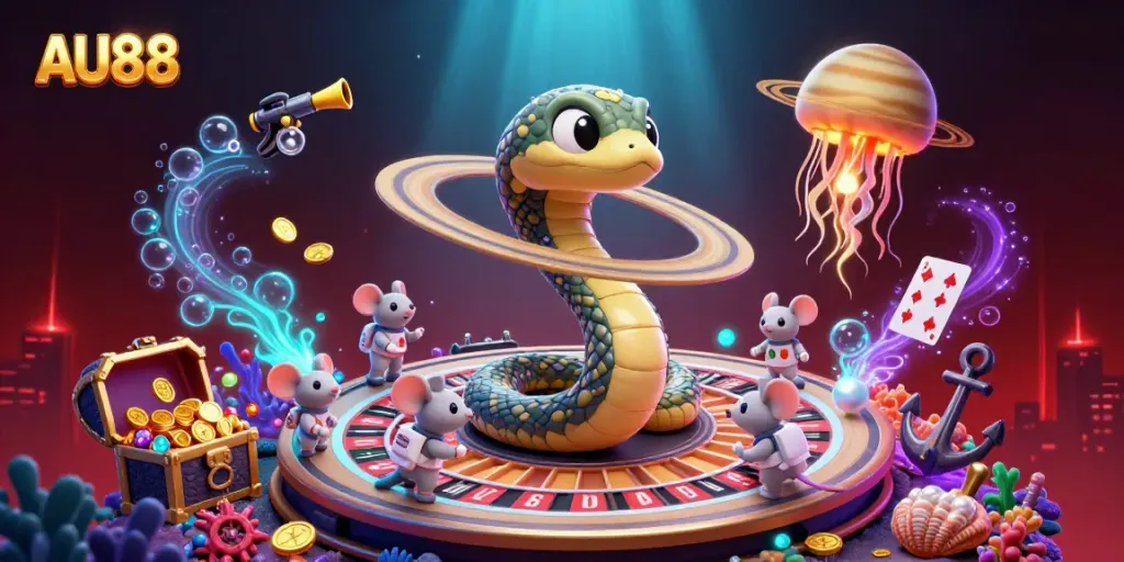 Experience the thrill of AU88 with a cosmic betting scene featuring protagonists and vibrant casino elements.