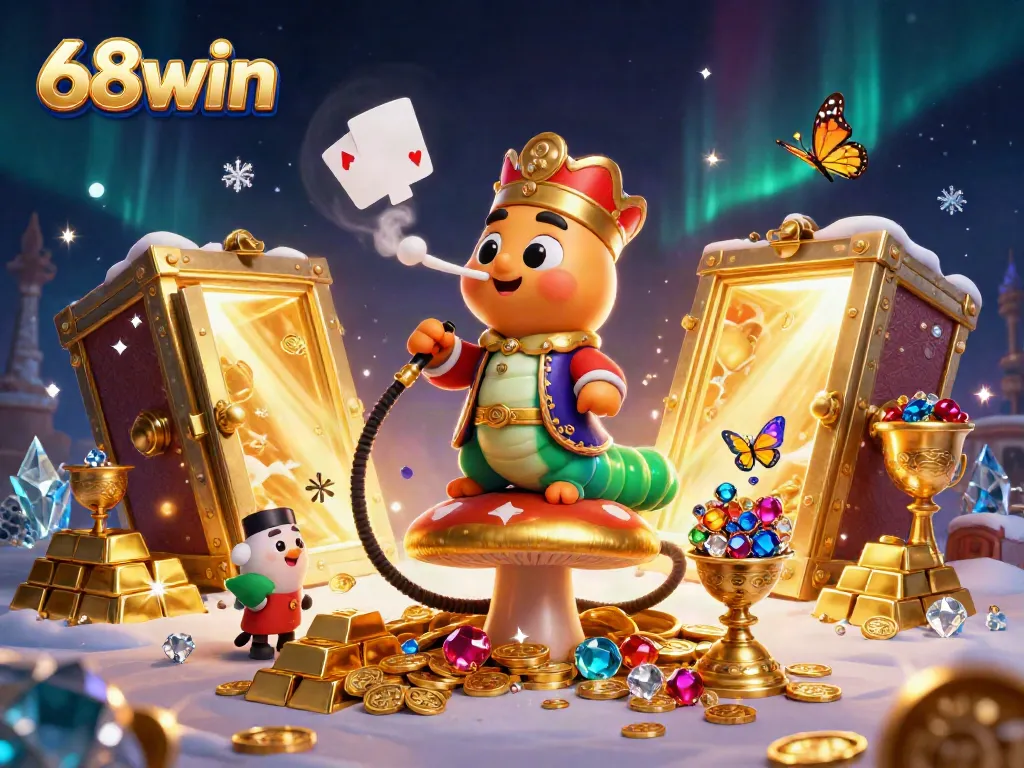 Experience the vibrant world of 68win with rich casino visuals, showcasing an extravagant scene filled with treasures and gaming elements.