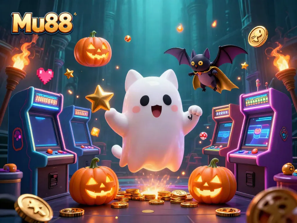 Mu88 ghost cat explores a haunted casino, evoking excitement among players.