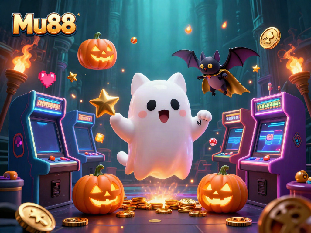 Mu88 ghost cat explores a haunted casino, evoking excitement among players.