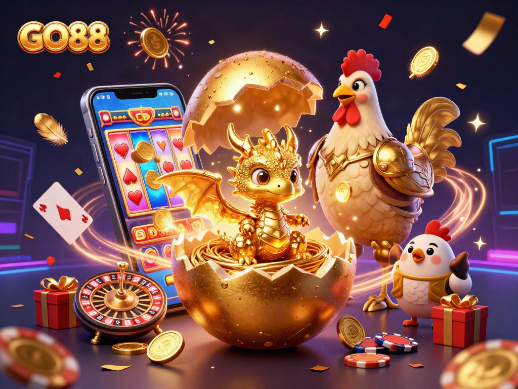 GO88's exciting atmosphere with a golden dragon and poker elements creating a thrilling gaming experience.