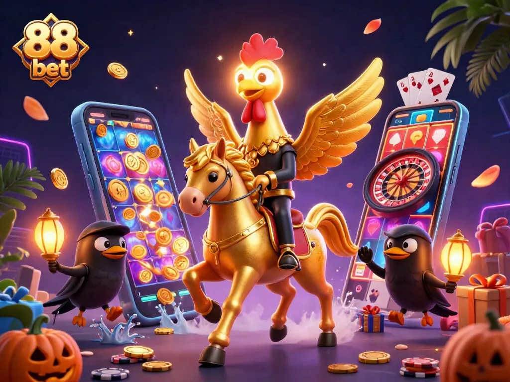 Experience 88 bet action with a golden rooster in an enchanting midnight casino scene.