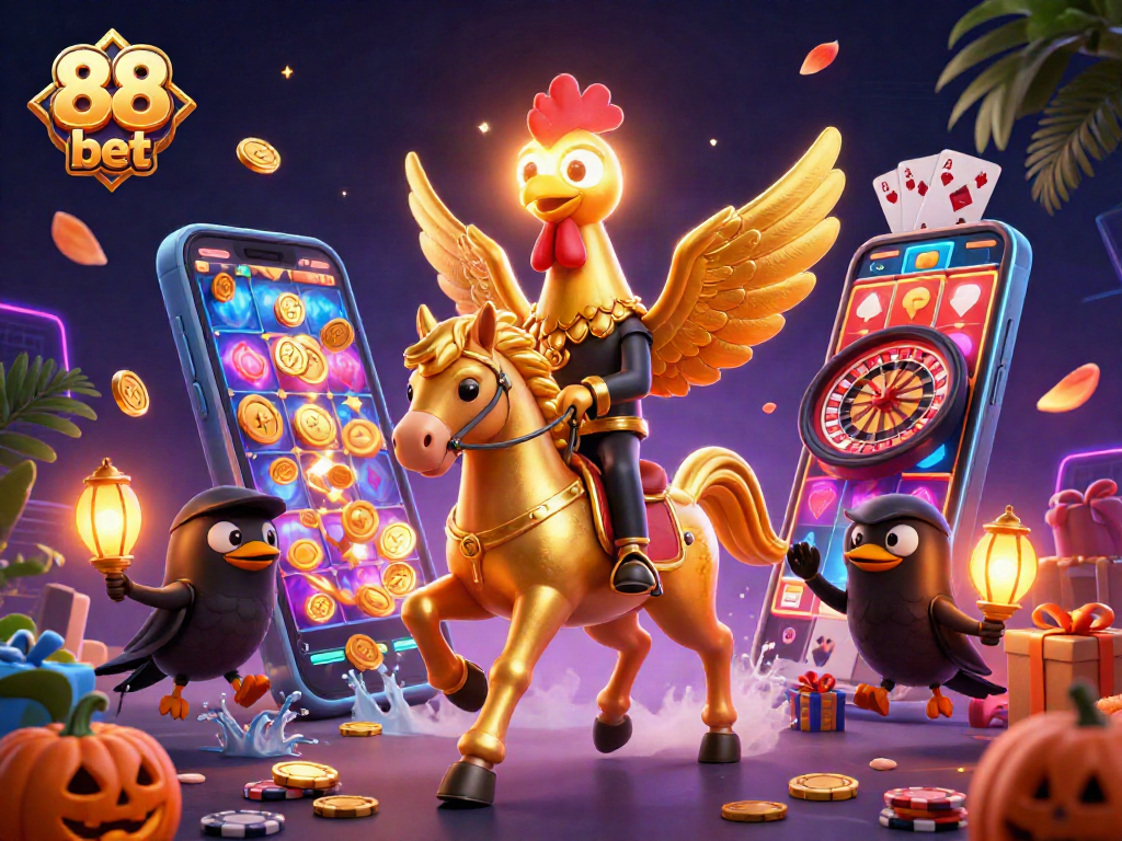 Experience 88 bet action with a golden rooster in an enchanting midnight casino scene.