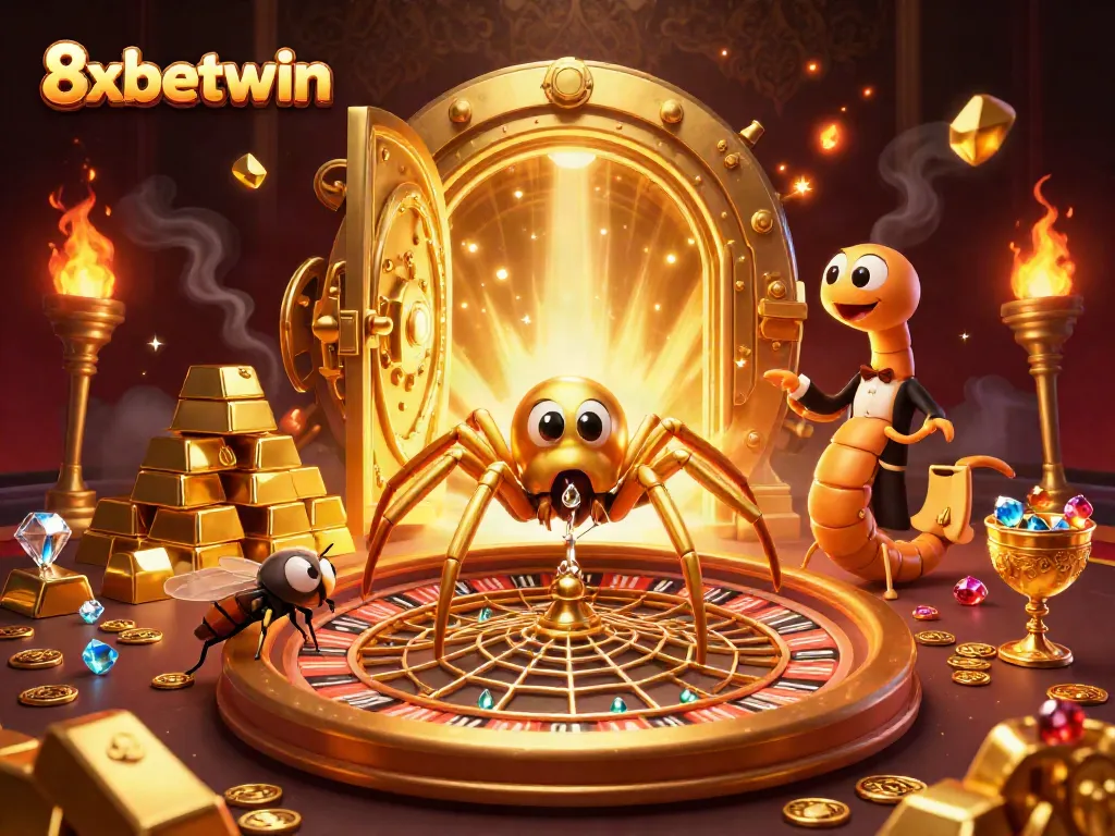 Experience thrilling bets with 8xbetwin in this captivating casino scene featuring dynamic characters and gold treasures.