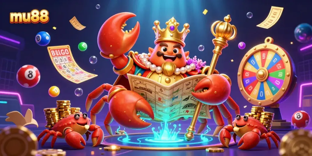 Experience the excitement of mu88 with a vibrant 3D illustration of a golden crab emperor in a dynamic casino scene.