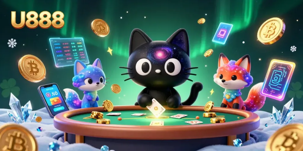 Engage with U888: a cosmic casino scene featuring a black hole cat and a nebula fox attracting golden chips.