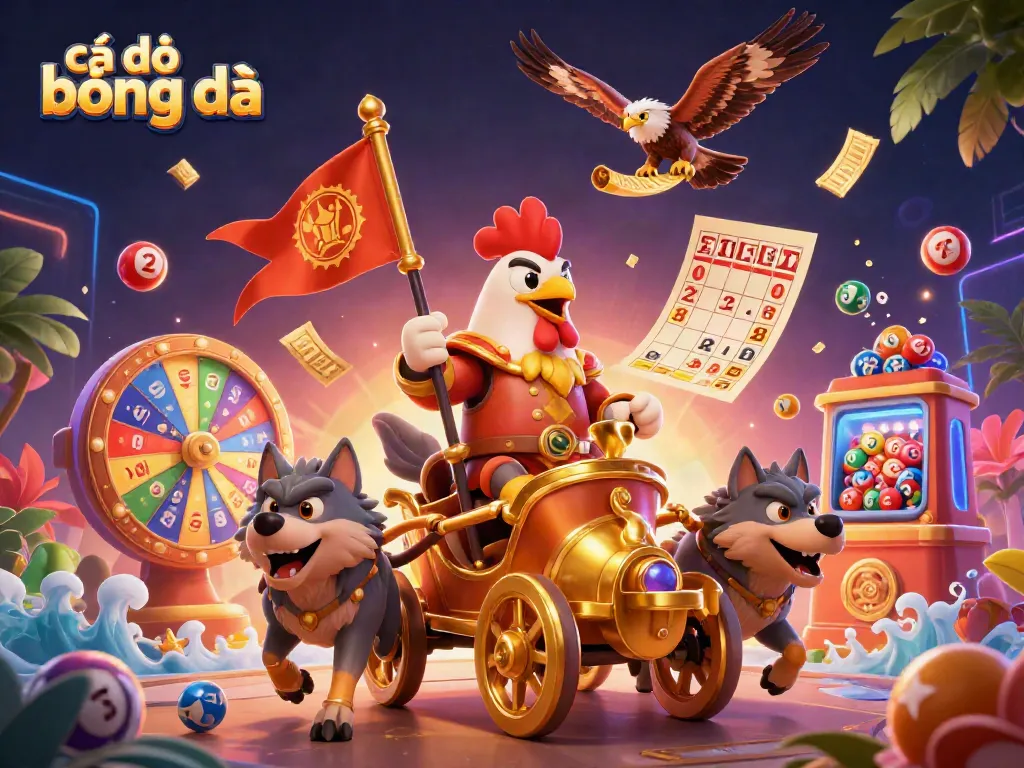 Cá độ bóng đá scene with a rooster warlord in a gold chariot, sports betting elements, and dynamic visuals.