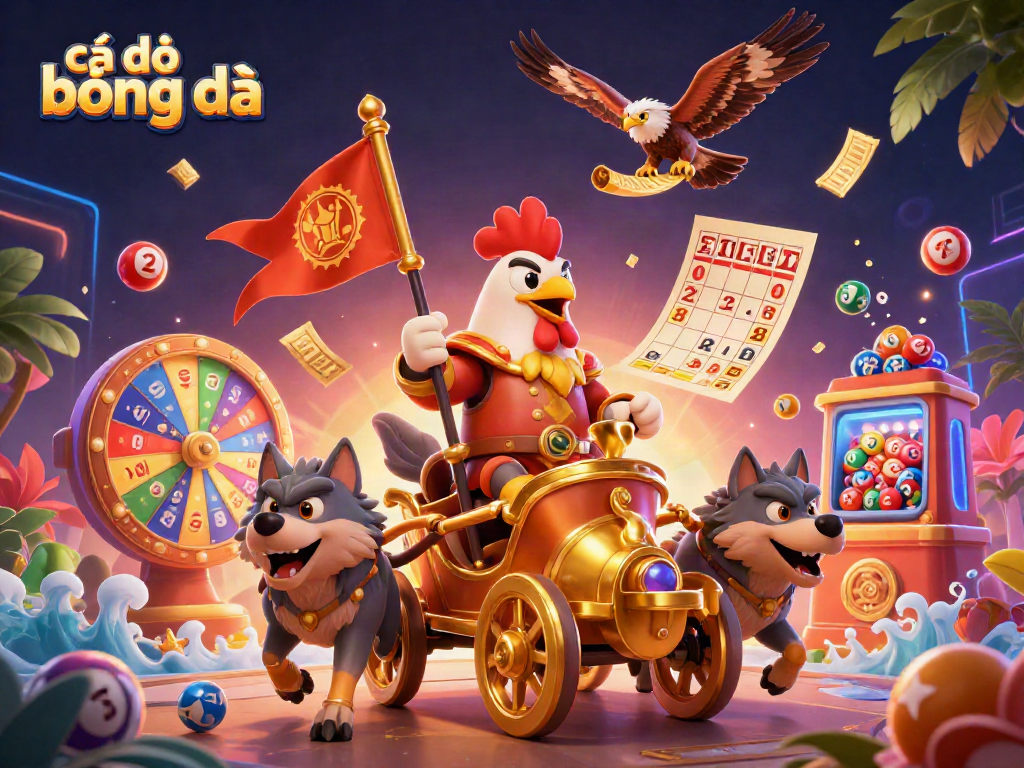 Cá độ bóng đá scene with a rooster warlord in a gold chariot, sports betting elements, and dynamic visuals.