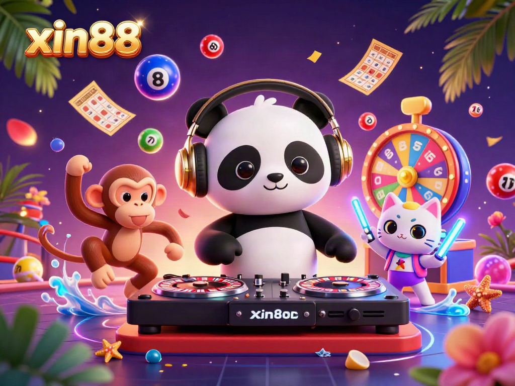 Experience the vibrant scenes of xin88 with a DJ panda, a dancing monkey, and a glowing kitten in a thrilling casino environment.