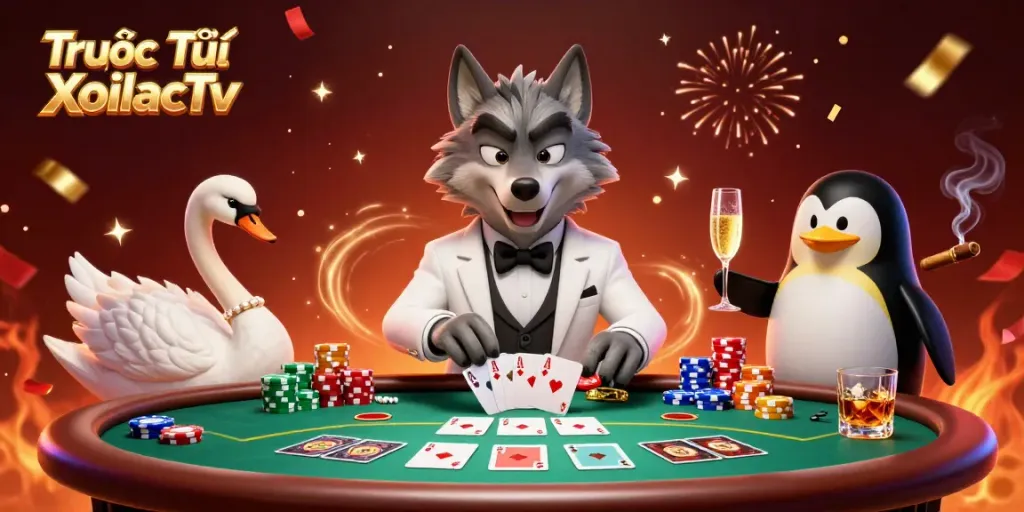 Engage with Trực Tiếp XoilacTv by enjoying a vibrant 3D casino scene featuring playful characters at a baccarat table.