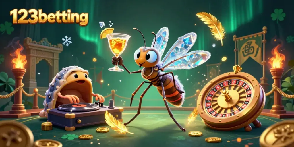 Experience the thrill of 123betting with a lively casino mascot scene featuring a frozen mosquito and a trilobite DJ.