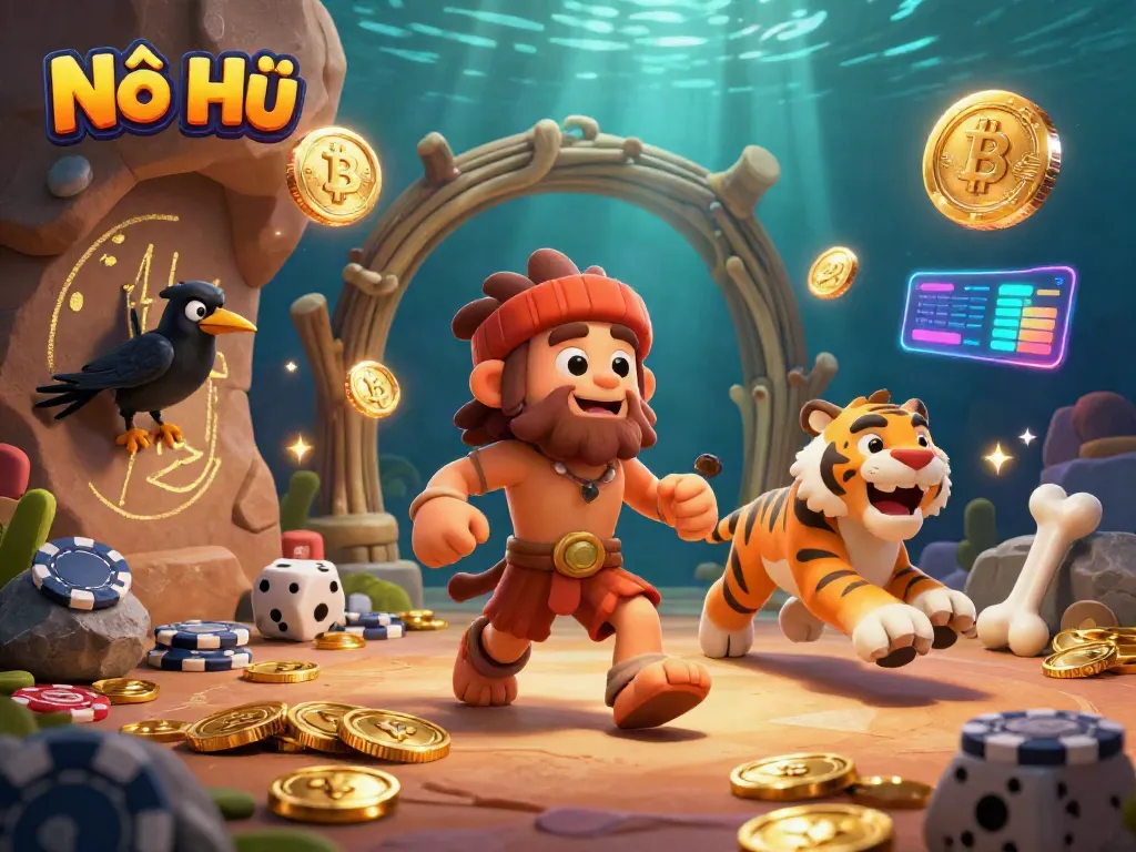 Nổ Hũ illustrates a lively prehistoric casino with cavemen and a sabertooth tiger, featuring vibrant gambling elements like Bitcoin coins.